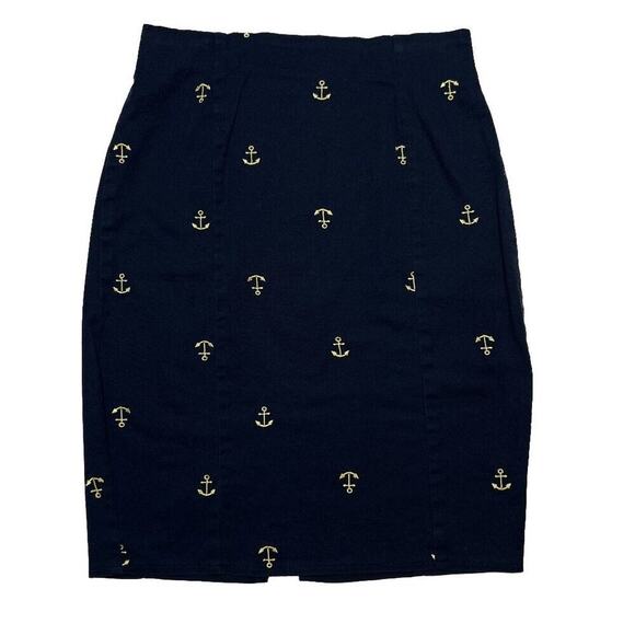 Embroidered Anchor Skirt Mid Length Pencil Nautical Navy Gold Women's Homemade - Picture 1 of 7